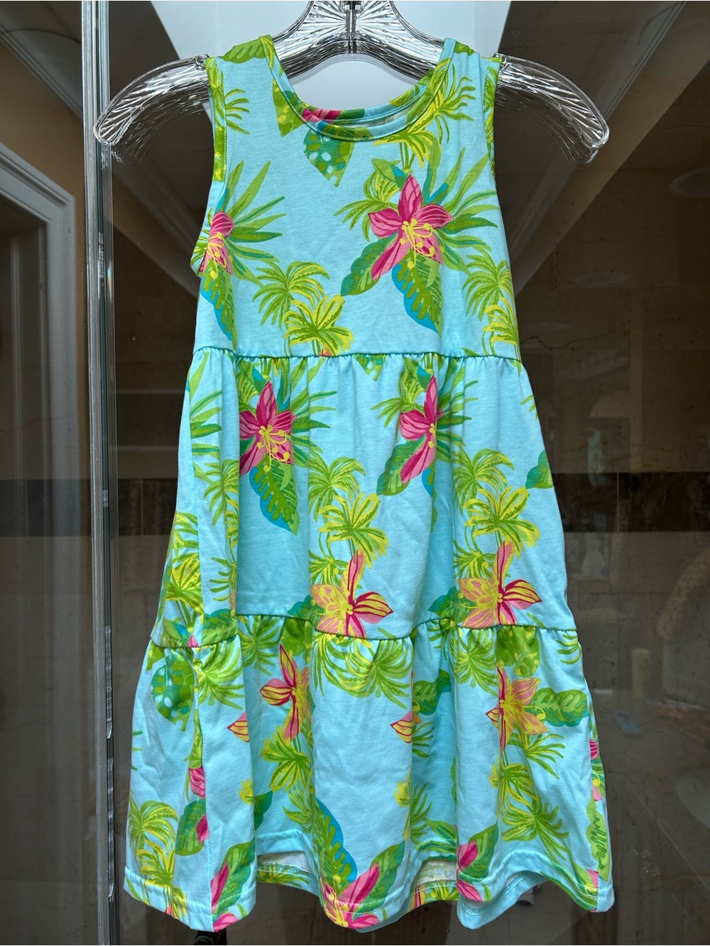 Girls Tropical Floral Tiered Tank Dress - Blue & Pink